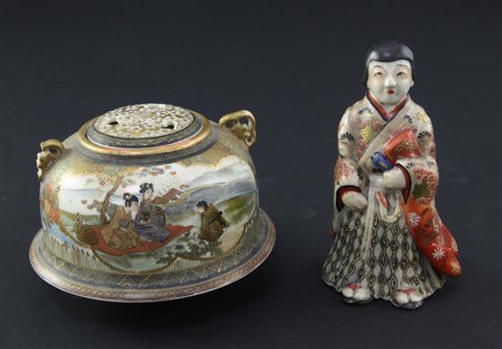 A Japanese Satsuma pottery figure and a similar tripod koro and cover, Meiji period, 10.5cm. diam.